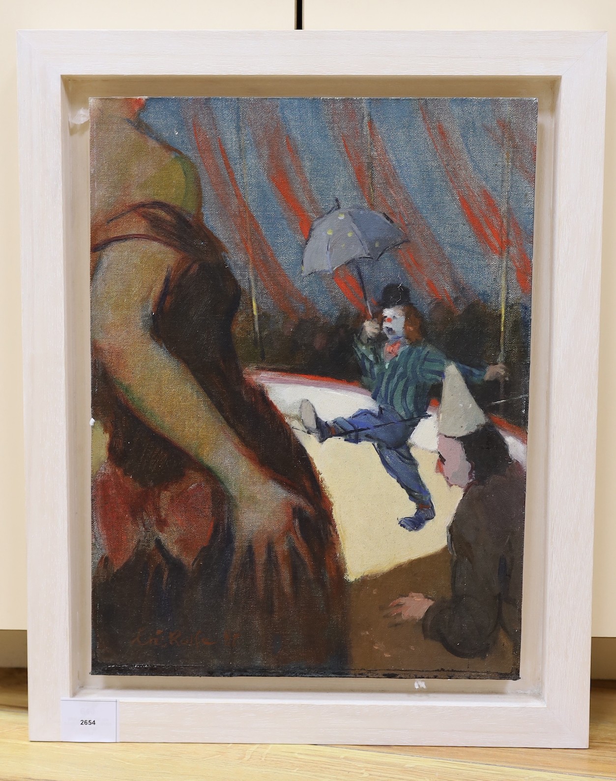 Eric Rolfe, oil on canvas board, Circus clowns, signed and dated '82, 40 x 30cm